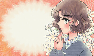 昭和の少女漫画風・笑顔の少女と花のバナー