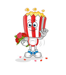 popcorn head cartoon with bouquet mascot. cartoon vector