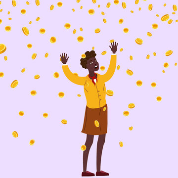 Happy african businesswoman falling money coins rain. Success finance business, falling cash. Vector illustration