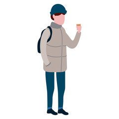Young Man with a backpack, cup of coffee, winter cold weather clothes, cap, warm coat, scarf, boots. Cartoon flat style