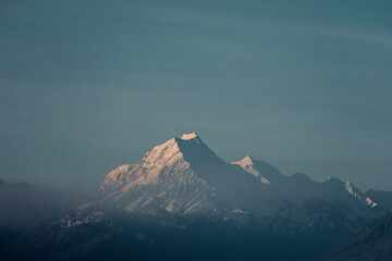 View of snow capped Aoraki Mt Cook at sunset