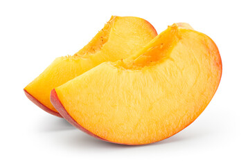 Peach slice isolated. Peach slices on white background. Peaches with clipping path.