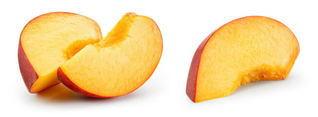 Peach slice isolated. Peach slices on white background. Peaches with clipping path.