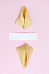 Fortune cookies on a pink background and place for text. Mockup. Blank paper for writing a fortune. Vertical.