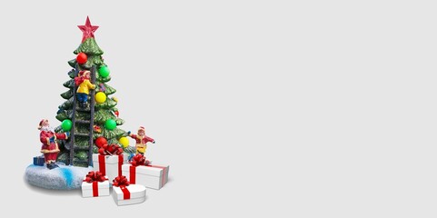 Christmas green tree and gifts on the floor, holliday concept