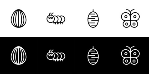 Butterfly life cycle icon. Flat design icon collection isolated on black and white background. Egg, caterpillar, chrysalis, and adult butterfly.