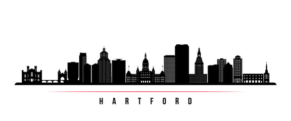 Hartford skyline horizontal banner. Black and white silhouette of Hartford, Connecticut. Vector template for your design.