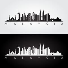 Obraz premium Malaysia skyline and landmarks silhouette, black and white design, vector illustration.