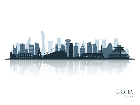 Doha skyline silhouette with reflection. Landscape Doha, Qatar. Vector illustration.