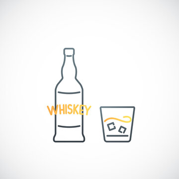 Whiskey line icon. Whiskey bottle and glass with ice isolated on white background. Vector illustration.