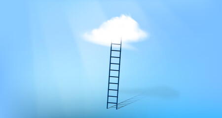 Ladder to the sky. Stairway to the top. Career achievment concept. Stepladder reaching heaven. Success or promotion concept