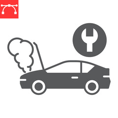 Car repair glyph icon, insurance and automotive repair, broken car vector icon, vector graphics, editable stroke solid sign, eps 10.