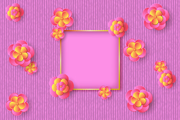 Festive background with 3d flowers and golden frame. Paper cut style