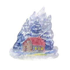 Landscape with house in winter.Trees and winter house.Watercolor hand drawn illustration. - 487283402