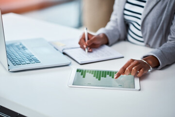 Making money work for her business. Shot of an unrecognizable businesswoman using a digital tablet...