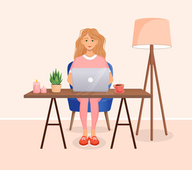 Fototapeta premium Woman sits at a table, works at home at a computer. Remote work, freelance, home office, programming, training. Vector illustration.