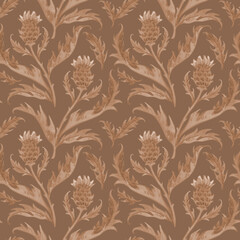 Vintage sepia watercolor pattern with thistle. Wild flowers hand drawn illustration. Meadow herbs on beige background.