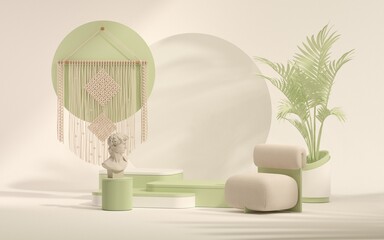3D podium display, pastel green and white background with palm leaf and Macramé wall hangings. Minimal pedestal for beauty, cosmetic product. 3d render
