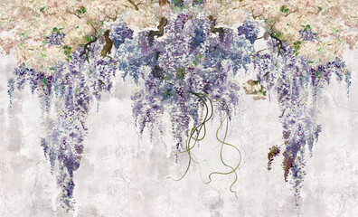 Beautiful lilac branches on the old grey vintage background. Lilac flowers. Blooming lilac. Floral background in loft, modern style. Design for wall mural, card, postcard, wallpaper, photo wallpaper. - obrazy, fototapety, plakaty