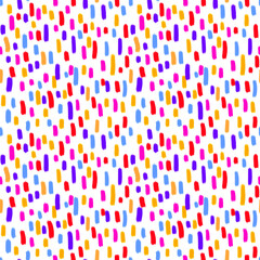 Colorful dots, lines seamless pattern. Cute drops, shapes repeat print. Abstract dash lines, brush strokes background. Kids design.