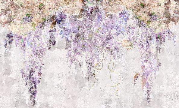 Fototapeta Beautiful lilac branches on the concrete grunge wall. Lilac flowers. Blooming lilac. Floral background in loft, modern style. Design for wall mural, card, postcard, wallpaper, photo wallpaper.
