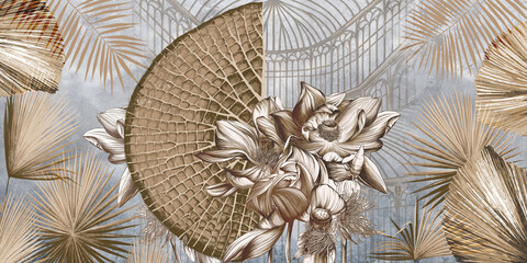 Fototapety  Graphic illustration of a greenhouse. Floral wallpaper with exotic jungle leaves and water lilies.  Abstract botanical design for photo wallpaper, wallpaper, mural, card.