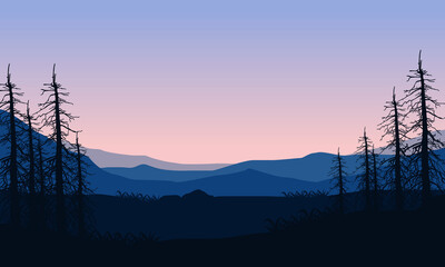 Mountain view with a realistic silhouette of dry fir trees from the countryside edge at dusk