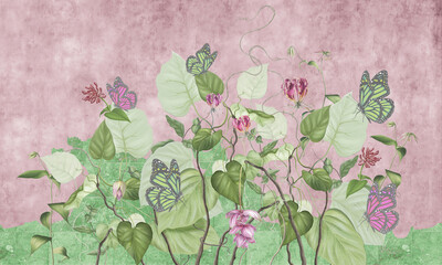 Green curly branches with pink and green butterflies. Beautiful painted flowering branches on the abstract pink background. Design for wall mural, card, postcard, wallpaper, photo wallpaper, etc.