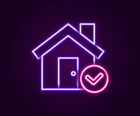 Glowing neon line House with check mark icon isolated on black background. Real estate agency or cottage town elite class. Colorful outline concept. Vector