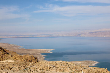 Top view from Masada fortress to the Judean desert and the Dead Sea. High quality photo