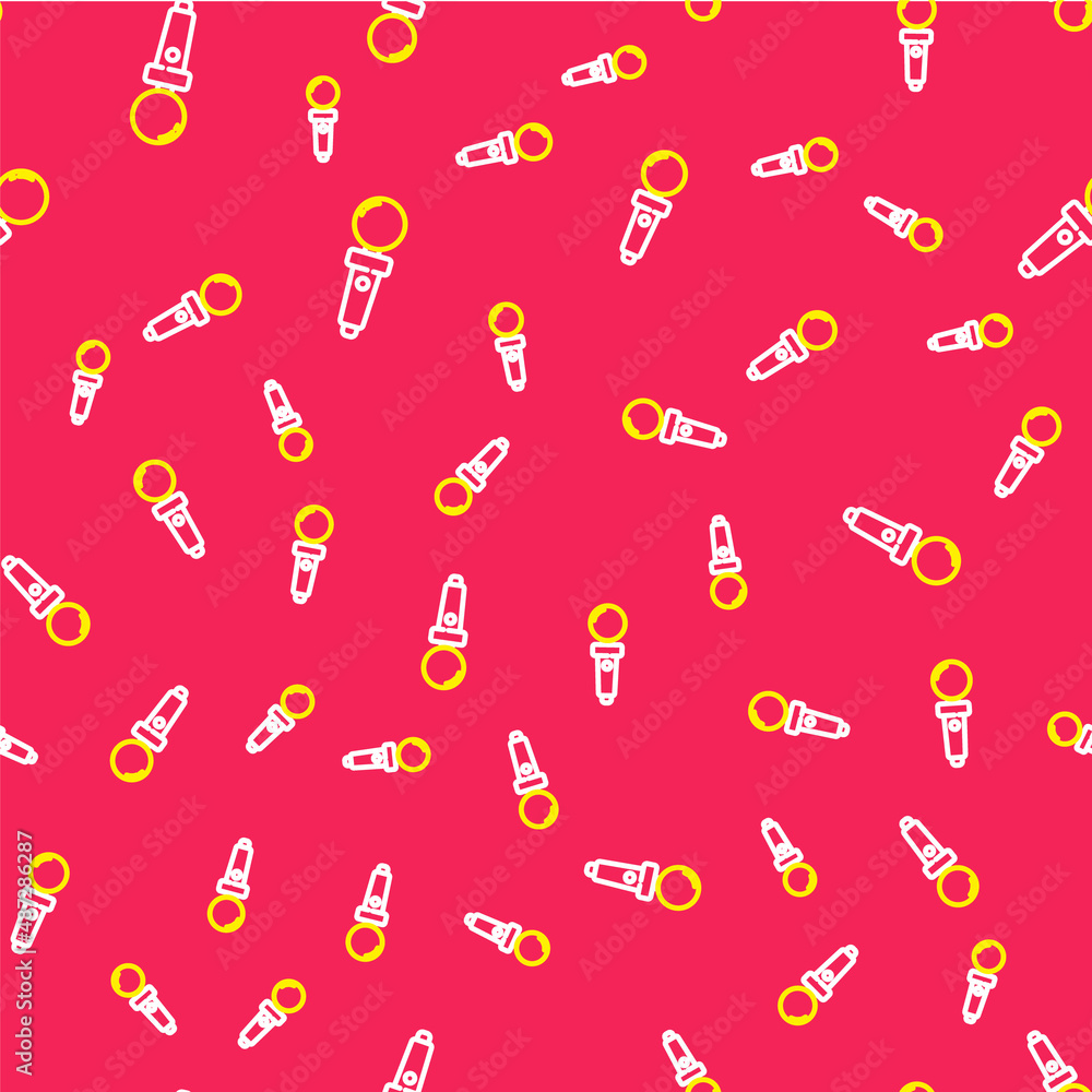 Poster line joystick for arcade machine icon isolated seamless pattern on red background. joystick gamepad.