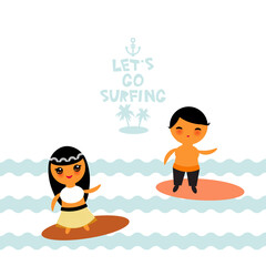 let's go surfing. Cute Kawaii boy and girl. Cartoon children, surfing, swim on surfboards in the ocean, isolated on white blue background. Can be used for card banner design for your text. Vector
