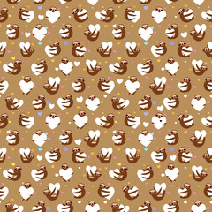 Seamless pattern Three-toed sloth holding white heart, on Sepia, Caramel, bronze, Rust, copper background. Valentine's Day Card banner. Funny Kawaii animal. for Gift wrap fabric wallpapers. Vector