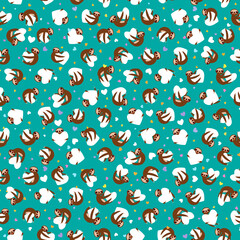 Seamless pattern Three-toed sloth holding white heart, on teal turquoise green background. Valentine's Day Card banner. Funny Kawaii animal. for Gift wrap fabric wallpapers. Vector