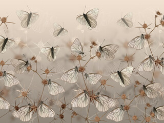 Drawn butterflies on thorns. Wall mural, wallpaper, in the style of classic, baroque, modern, rococo. Brown photo wallpaper design. - obrazy, fototapety, plakaty