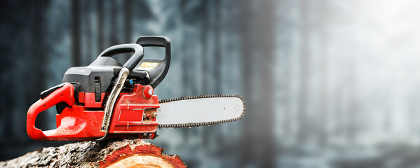 Chainsaw that stands on a heap of firewood in the yard on a dark forest background.