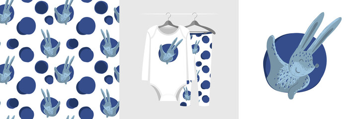 Seamless pattern and illustration set with rabbit waving hello to us from his mink. Baby design pajamas, background for apparel, room decor, tee prints, baby shower, fabric design, wrapping