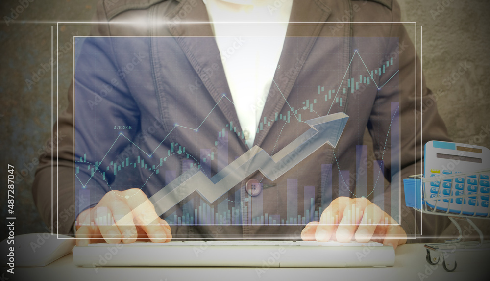 Poster double exposure businessman analyzes sales data and an economic growth graph chart on a computer. bu