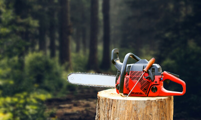 Red Chainsaw in the forest on a cut tree stump.