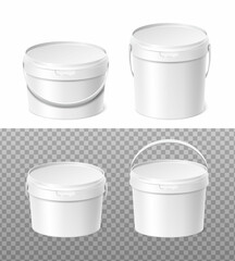 3d realistic vector icon set. Plastic white paint bucket in top and front view.