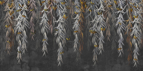 Photo wallpaper, wallpaper, mural design in the loft, classic, modern style. Willow branches with gold butterflies on a dark concrete grunge wall.
