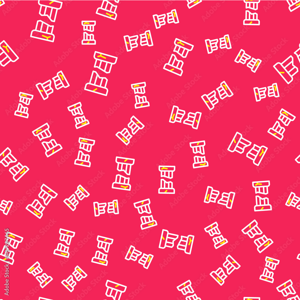 Poster line broken ancient column icon isolated seamless pattern on red background. vector