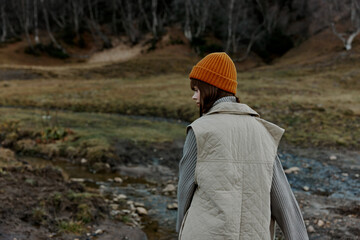 woman in autumn clothes nature trees travel landscape