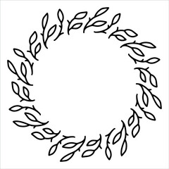 Vector hand drawn spring wreath isolated on white background. Outline circle of leaves. Doodle style. Floral frame.