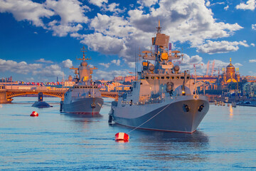 Saint Petersburg navy. Russia military parade. Holiday navy in Saint Petersburg. Warships and...