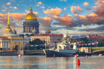 Saint Petersburg panorama. Russia Navy. Ships in Neva River. Warship near Admiralty building. Holiday navy in Saint Petersburg. Dome of St. Isaac's Cathedral in front of sky. Vacation in Russia - obrazy, fototapety, plakaty