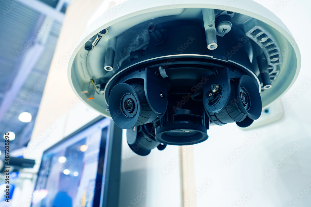 Poster line of multisensor cameras. device with several cameras on ceiling of room. customizable touch came