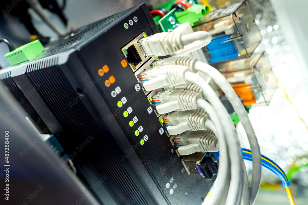 Poster network hardware. computer network concept. wires are connected to network equipment. ethernet telec