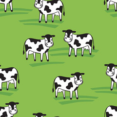 Dairy cows standing on the ground against the background of fields. Cute seamless pattern for textile, fabric manufacturing, wallpaper, covers, surface, print, gift wrap, scrapbooking. Vector.