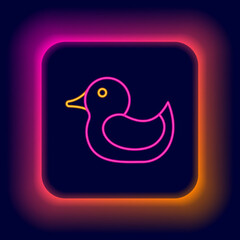 Glowing neon line Rubber duck icon isolated on black background. Colorful outline concept. Vector